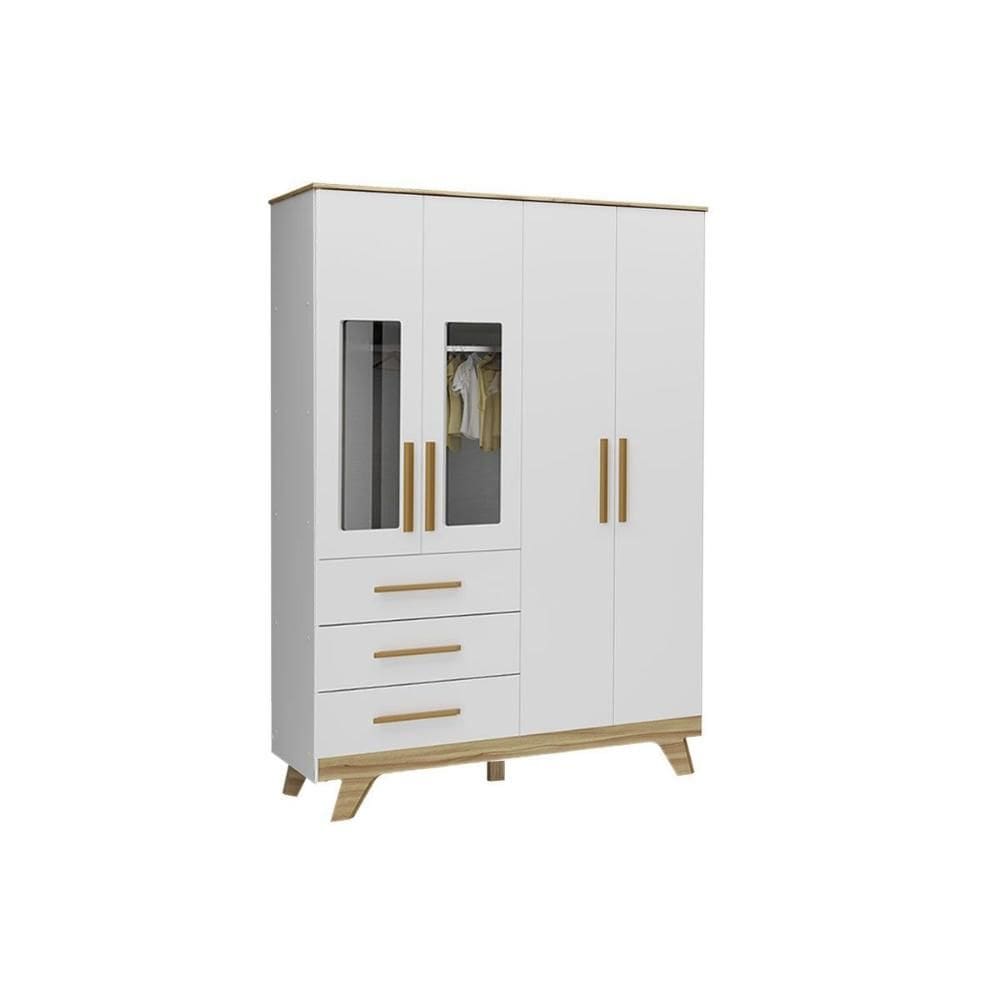 Guarda Roupa Infantil c/ 4 Portas (2 Cristal) e 4 Gavetas Retrô Branco/Amendoa - Peroba