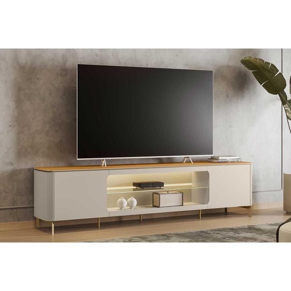Rack Bancada p/ TV até 85 Pol Santorini c/ 2 Portas 1 Prateleira de Vidro 2 Nicho e LED 239cm Tauari/Off White Fosco - Linea Brasil