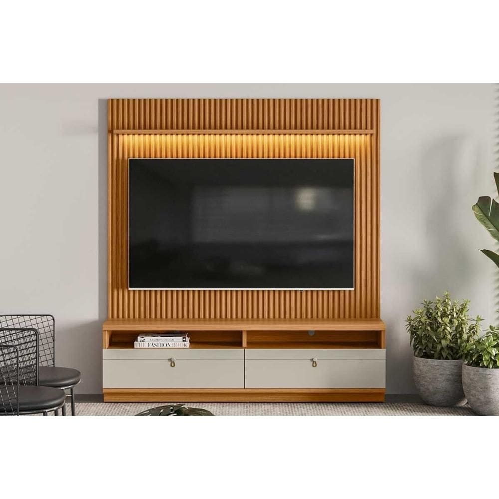 Rack Bancada c/ Painel p/ TV até 75 Pol Ouro Preto 2 Gavetas 198x180cm Nature/Off White - Linea Brasil