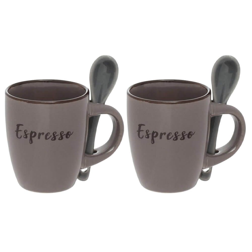 Jogo de Caneca Xícara com Colher de Cerâmica Rustic Marrom 2 peças 100mL - Hauskraft