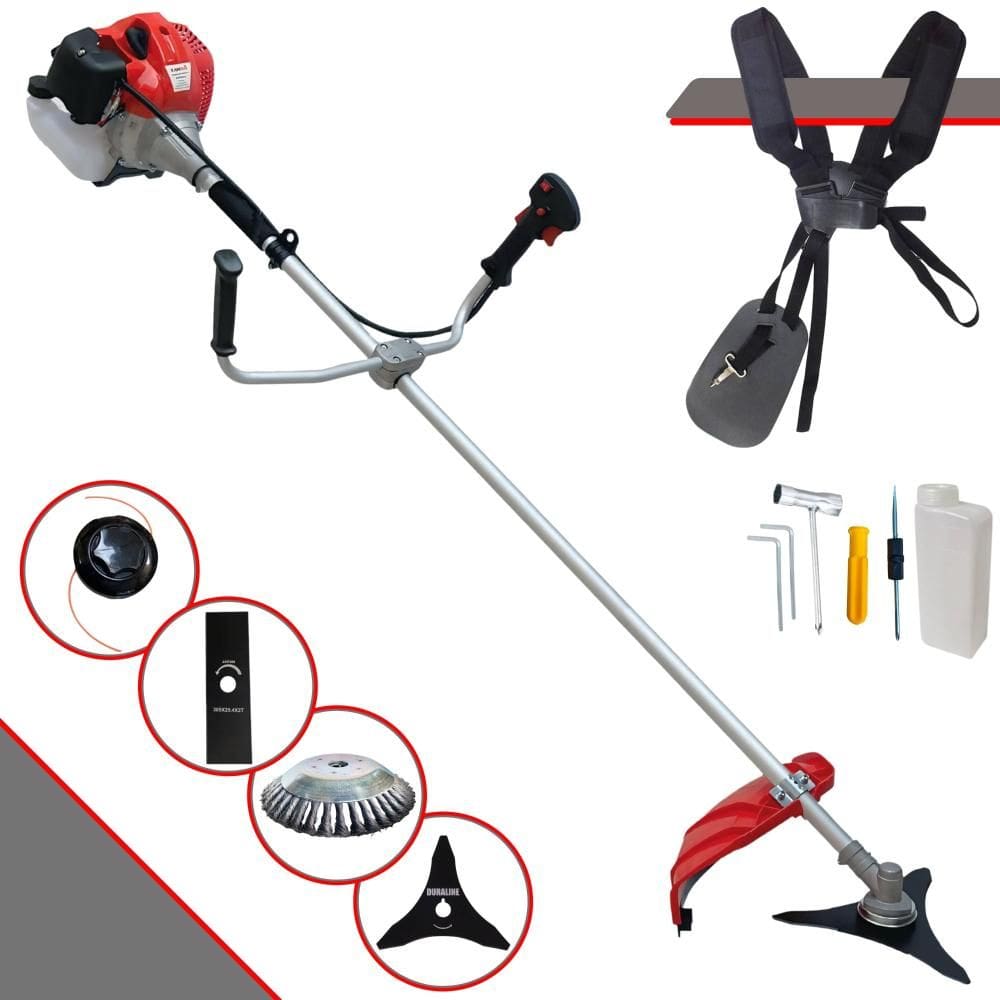 Roçadeira Aparador de Grama Anmax CG520P-TB À Gasolina 2T 52cc 2,2HP Com Carretel + Lâmina Facão + Lâmina 3 Pontas + Escova Circular de Aço 38 Cerdas