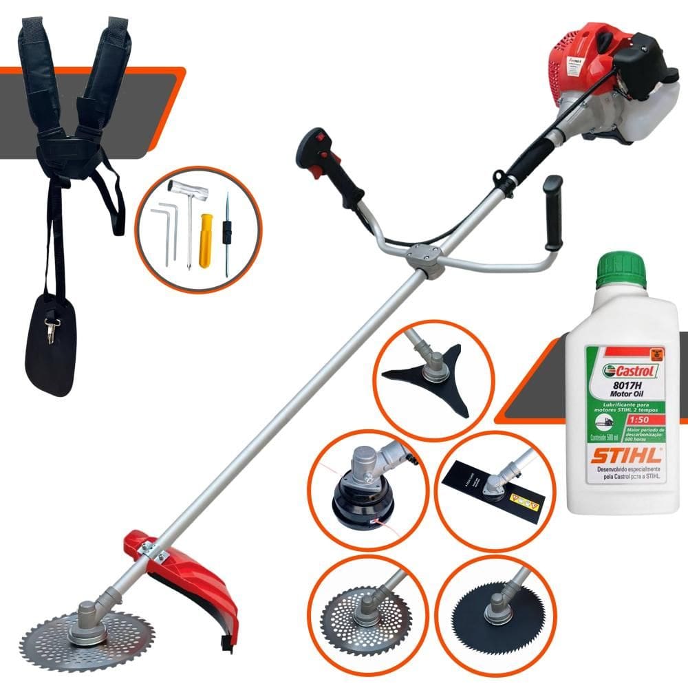 Roçadeira Robusta Anmax CG520P-TB 52cc 2,2HP Com Carretel de Nylon + Lâmina Facão + Lâmina 3 Pontas + Lâmina 40 Dentes + Lâmina 80 Dentes + ÓLEO STIHL