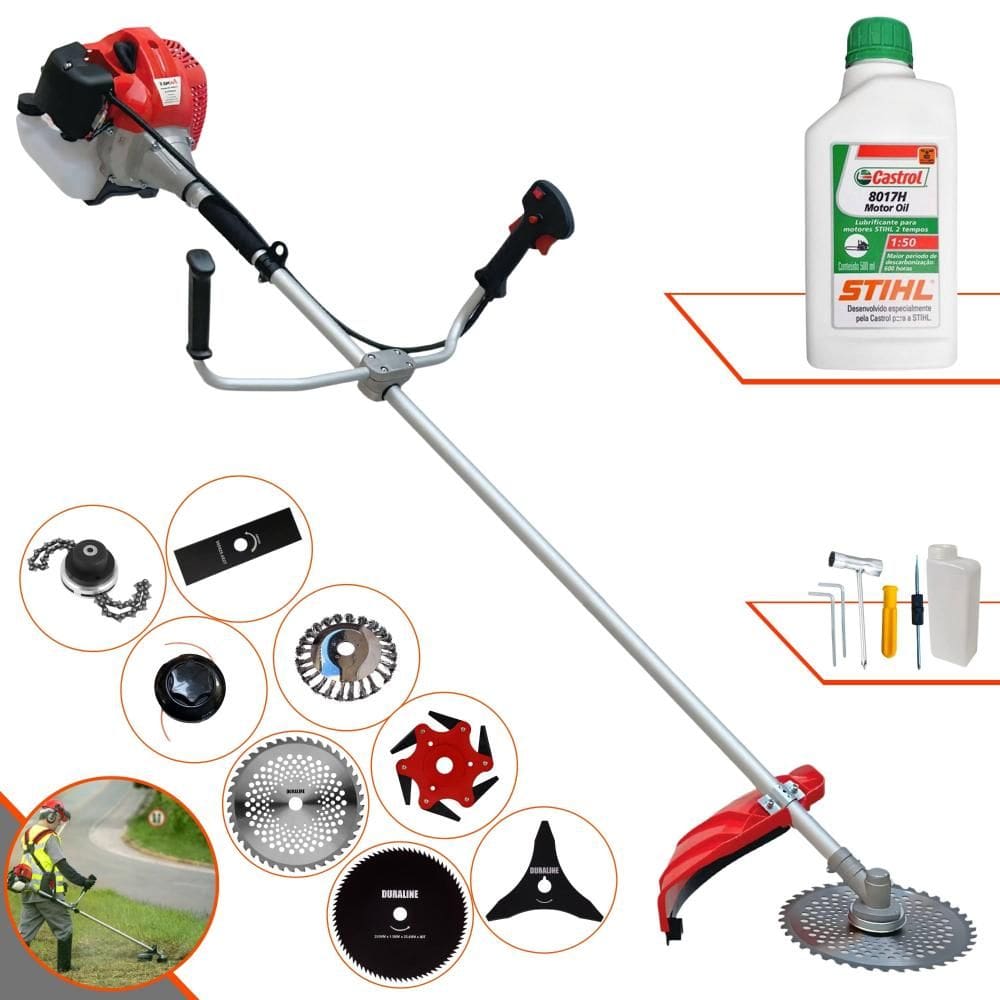 Aparador de Grama Anmax CG520P 52cc 2,2HP C/ Carretel + Facas 2 Pontas, 3 Pontas, 6 Pontas, 40 Dentes, 80 Dentes, Trimmer e Escova de Aço + ÓLEO STIHL