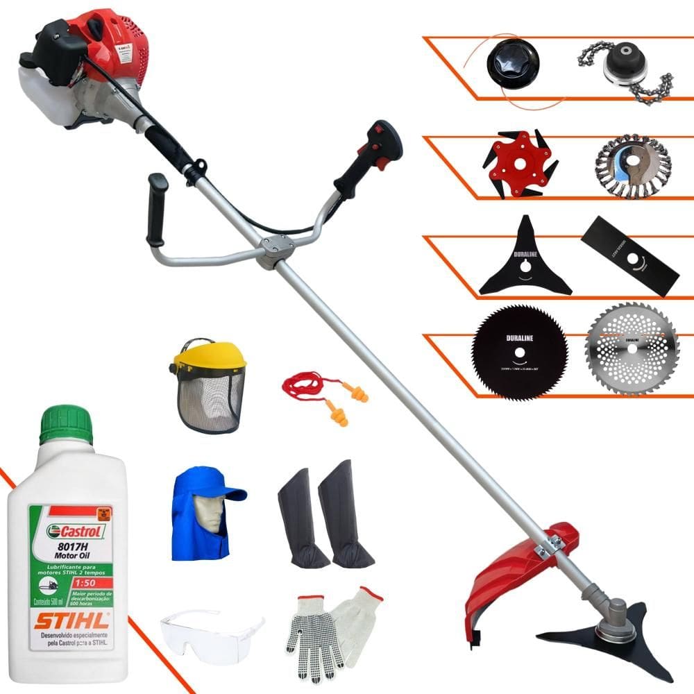 Roçadeira Anmax CG520P 52cc 2,2HP C/ Carretel + Facas 2 Pontas, 3 Pontas, 6 Pontas, 40 Dentes, 80 Dentes, Trimmer, Escova de Aço + EPI + ÓLEO STIHL 2T