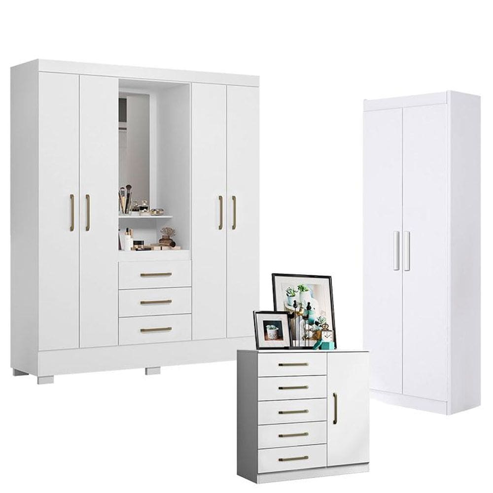 Guarda Roupa Solteiro Paris 2045150 com Armário Multiuso 2 Portas 2000191 e Cômoda Sapateira Milão 2014145 Branco - Aramóveis