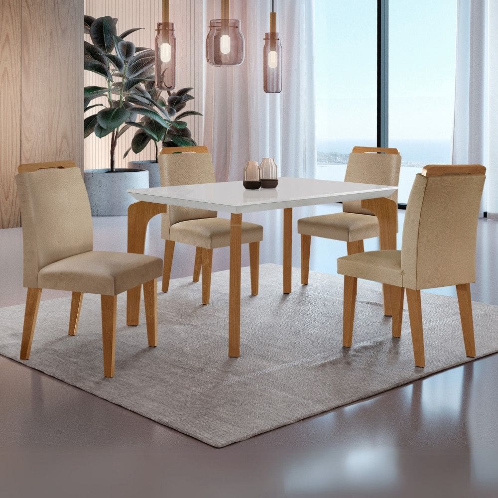 Conjunto Sala de Jantar Mesa Liz 120cm em MDF Canto Reto e 4 Cadeiras Athenas Moderna
