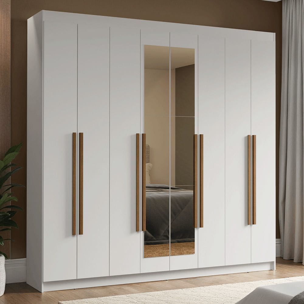 Guarda-Roupa Casal 8 Portas Batentes com Espelho Branco/Branco/Rustic Venus Madesa