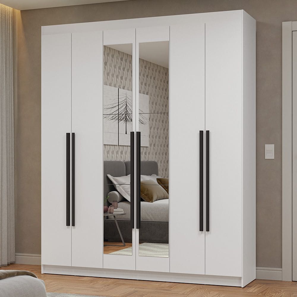 Guarda-Roupa Casal 6 Portas Batentes com Espelho Branco/Branco/Preto Netuno Madesa