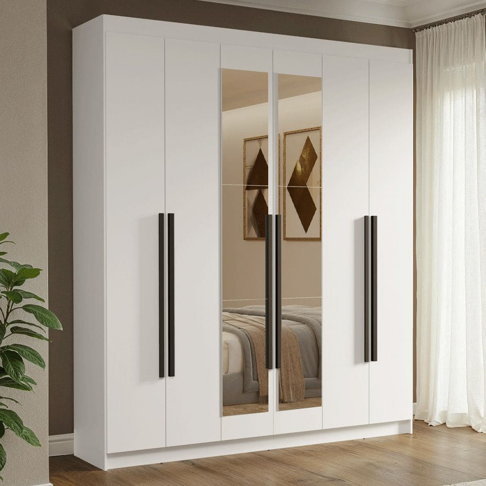 Guarda-Roupa Casal 6 Portas Batentes com Espelho Branco/Branco/Preto Venus Madesa