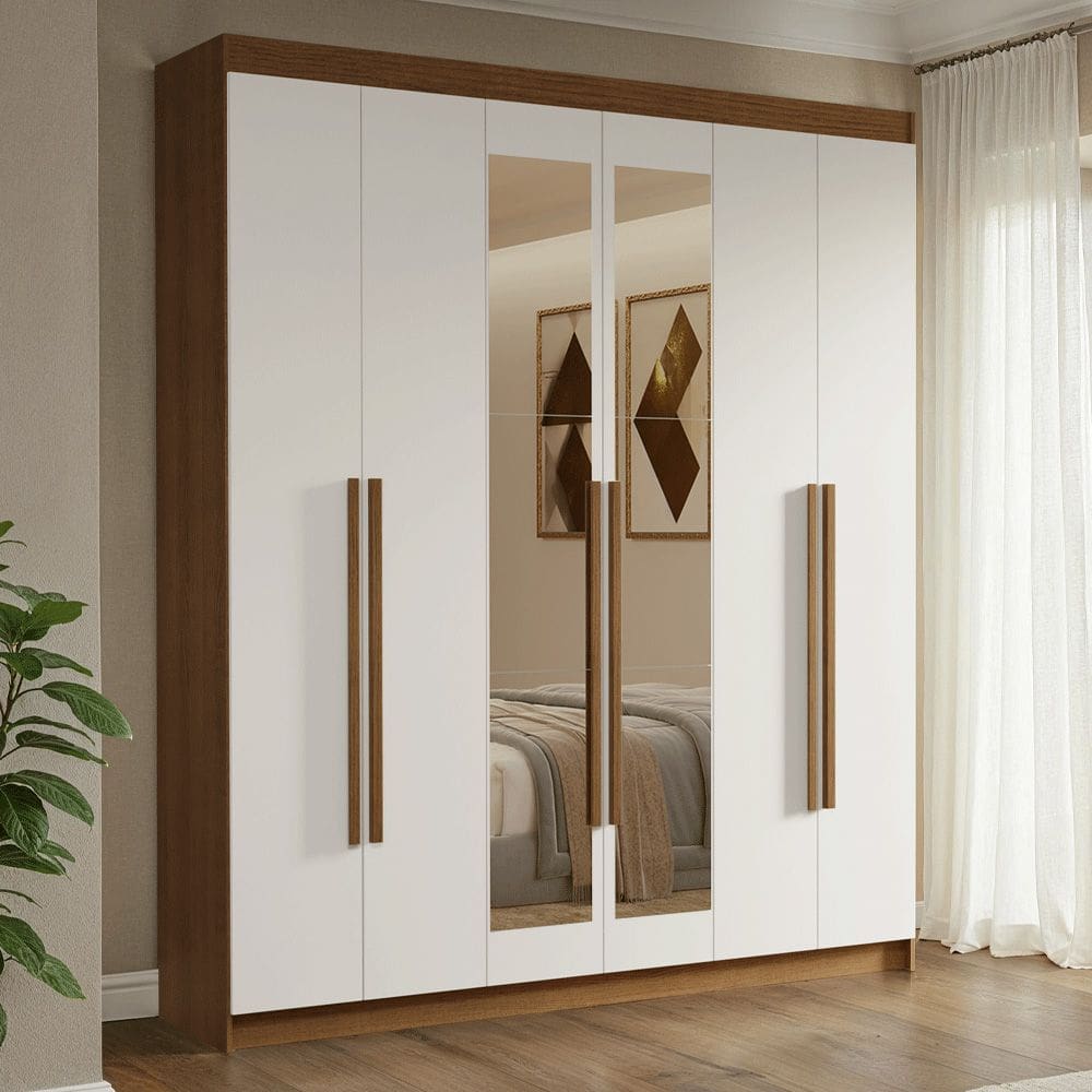 Guarda-Roupa Casal 6 Portas Batentes com Espelho Rustic/Branco/Rustic Venus Madesa