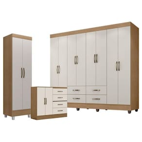 Guarda Roupa Casal Porto Com Cômoda 4 Gavetas 2 Portas E Armário Multiuso Lite Nature Off White Leão