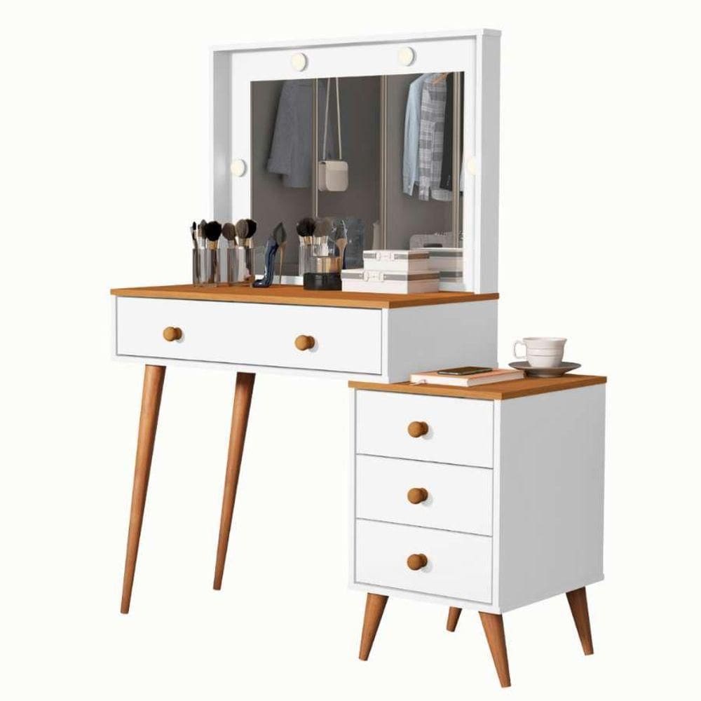 Penteadeira Camarim Com Mesa De Cabeceira Espelho Led 4 Gavetas Pés Em Madeira Branco / Nature