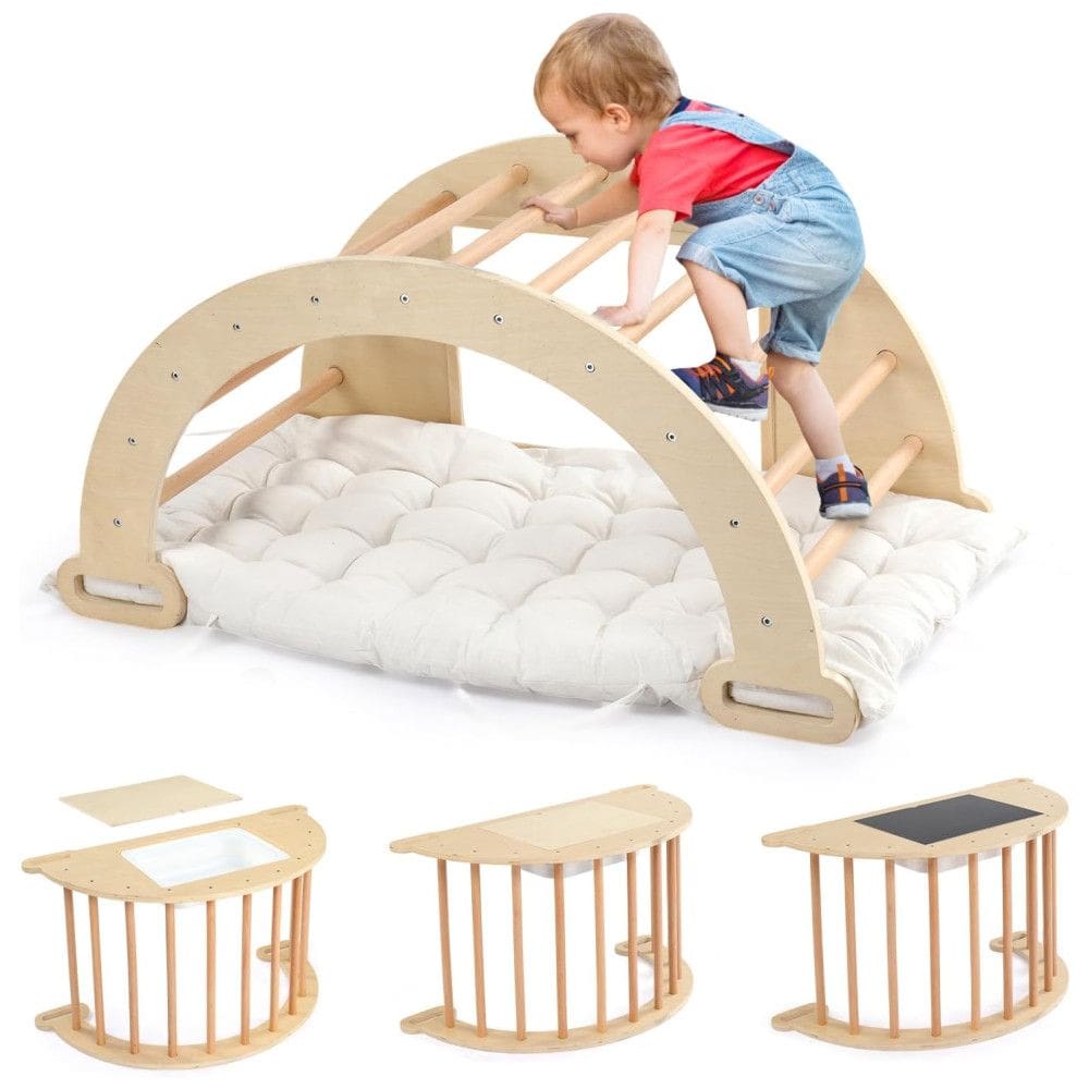 Escalada 5 em 1 JOYMOR Triângulo Pikler com Arco Balanço e Mesa Sensória para Crianças, Brinquedo de Escalada de Madeira Montessoriana para