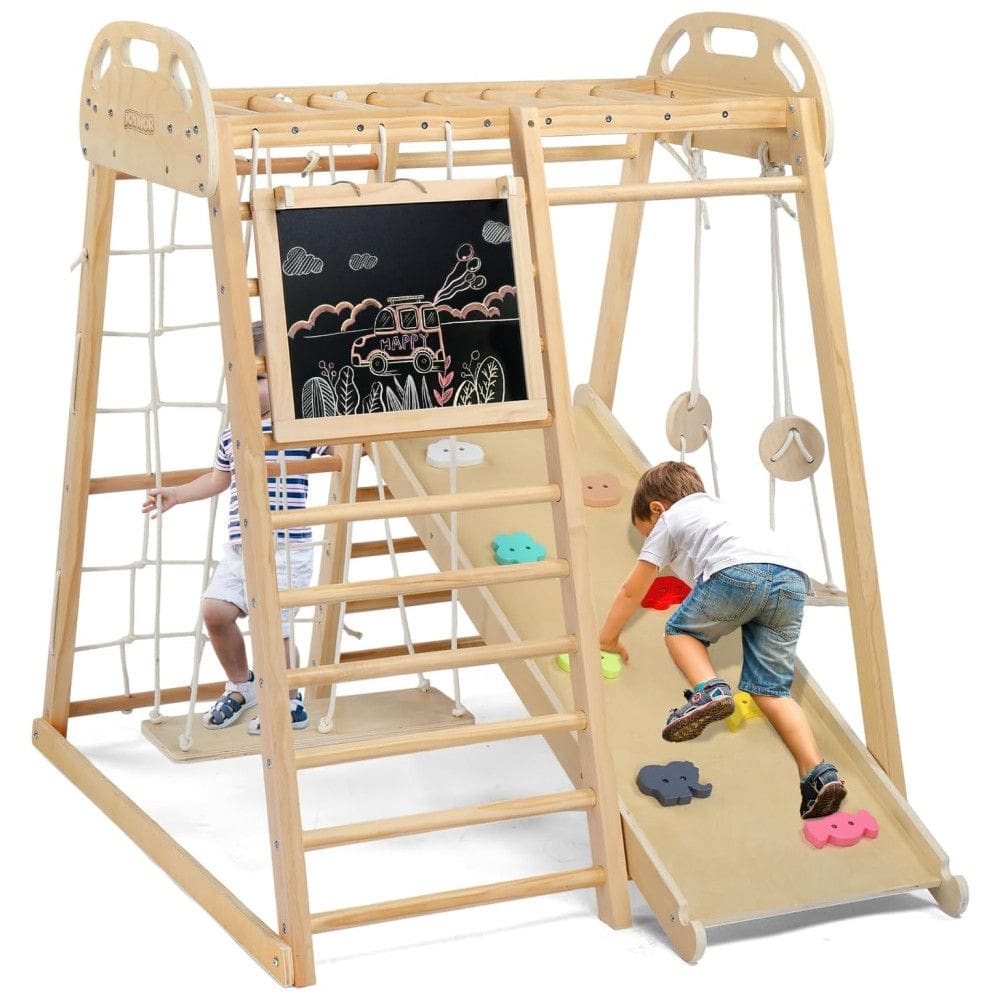 JOYMOR 8 em 1 Jungle Gym Interno para Crianças e Bebês com Ponte Suspensa e Balanço, Playground Interno de Madeira com Escorregador, Quadro