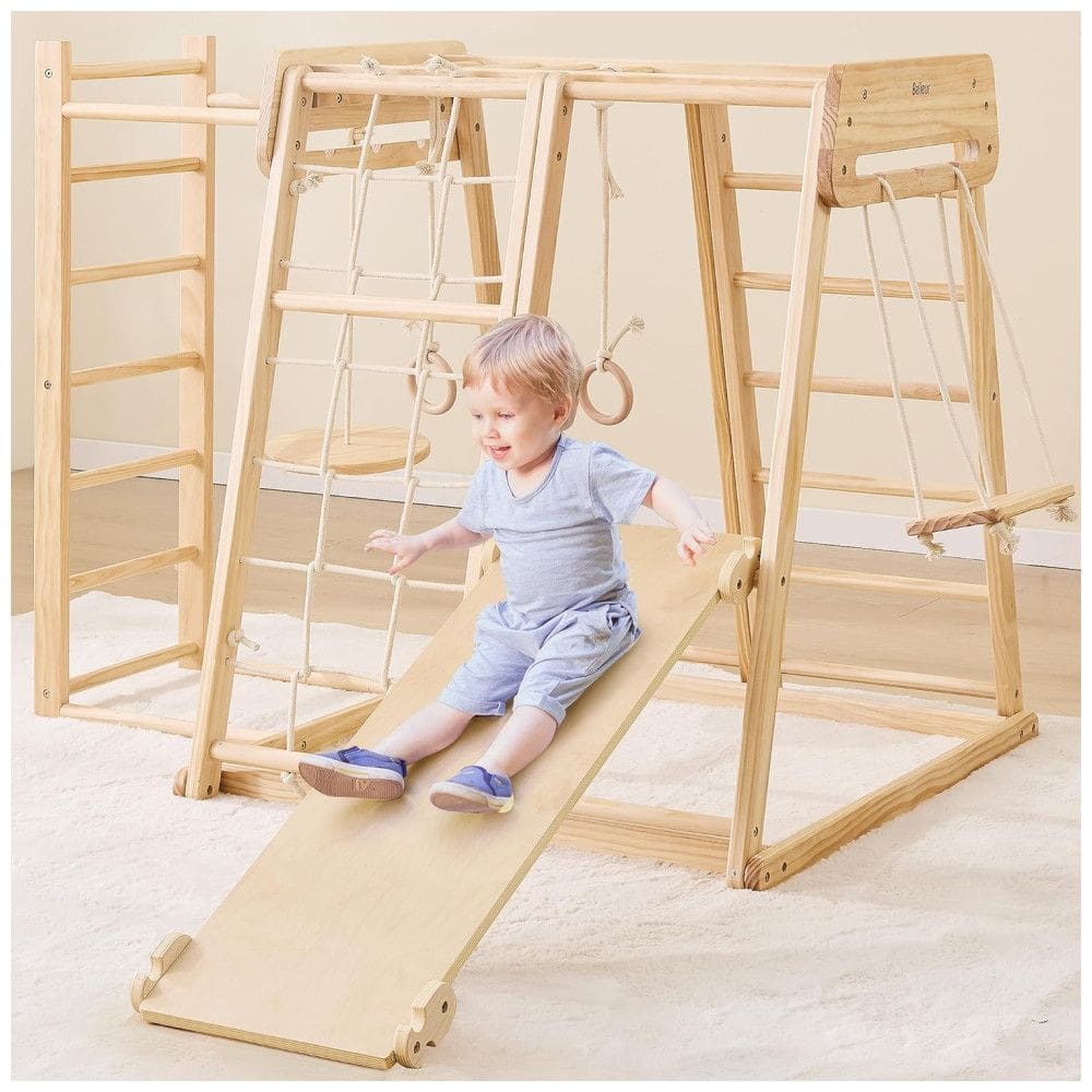 Playground Indoor 8 em 1 para Crianças, Ginásio de Madeira com Escorregador, Balanço e Rede de Escalada para Diversão Infinita,Belleur