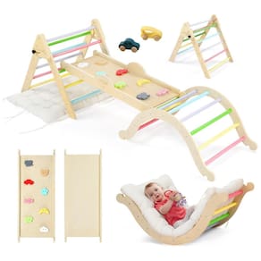 Conjunto JOYMOR 9 em 1 de Triângulo Pikler com Almofada Grande, Conjunto de Escalada de Madeira Montessoriano para Crianças com Pedras