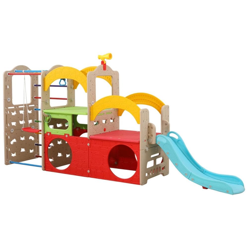 UNICOO Parque Infantil 10 em 1, Playset de Ginásio Indoor com Escorregador, Parede de Escalada, Escada, Balanço, Basquete, Argolas