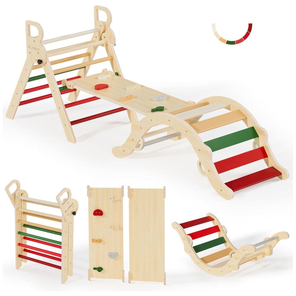 Conjunto BlueWood Pikler Triangle, Brinquedo de Escalada de Madeira para Crianças com 7 em 1, Design Exclusivo para um Inverno Aconchegante