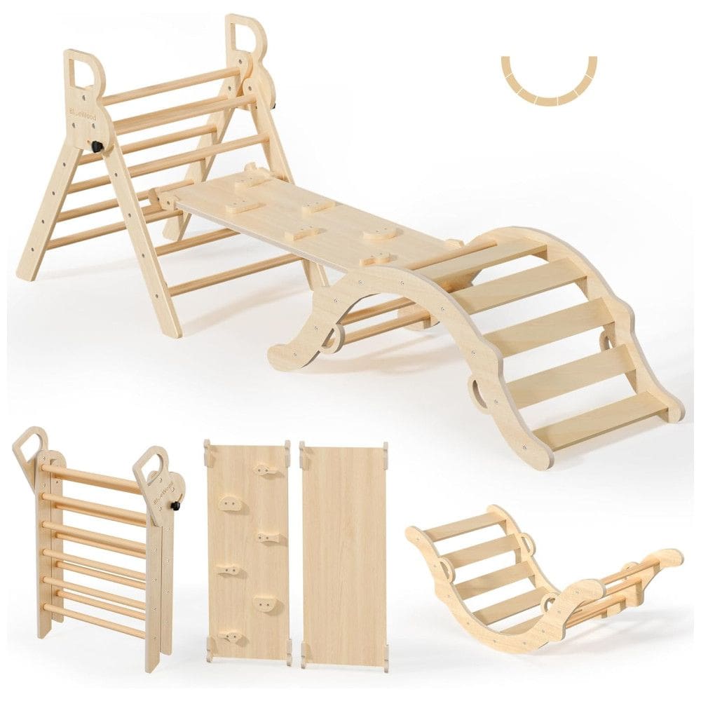 Conjunto BlueWood Pikler Triangle: Brinquedo de Escalada de Madeira para Crianças, Montessori 7 em 1, Design Exclusivo e Sustentável
