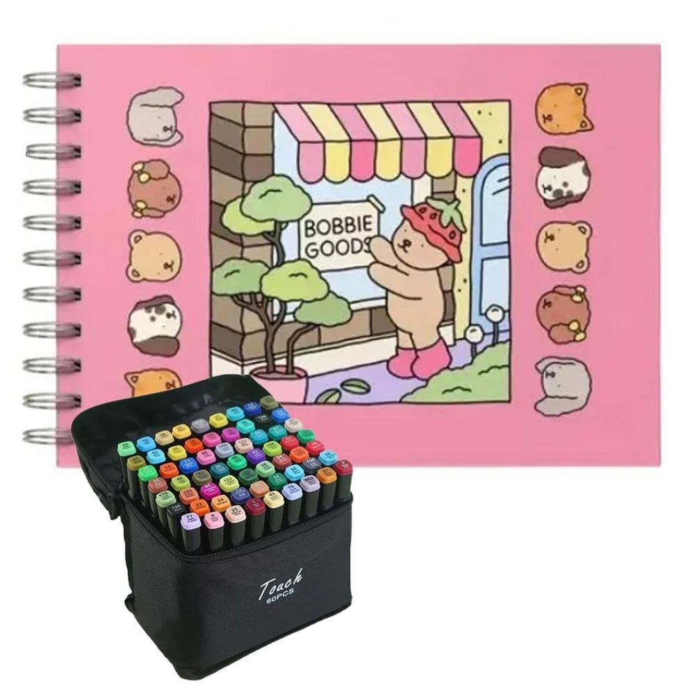 Livrinho de Pintar Colorir Canetinha 60 Cores Caneta Estojo Bolsa Livro Desenho Pintura Arte Diversao