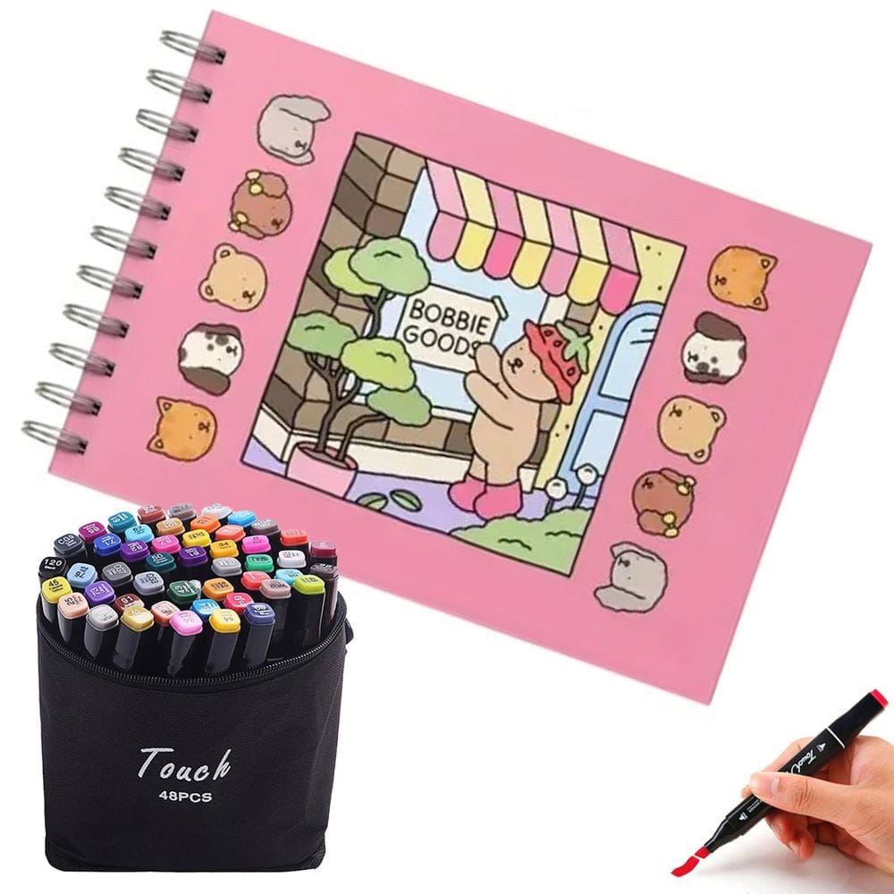 Livrinho de Colorir Canetinha 48 Cores Ponta Dupla Livro Caneta Pintura Estojo Bolsa Desenho Relaxante Diversao