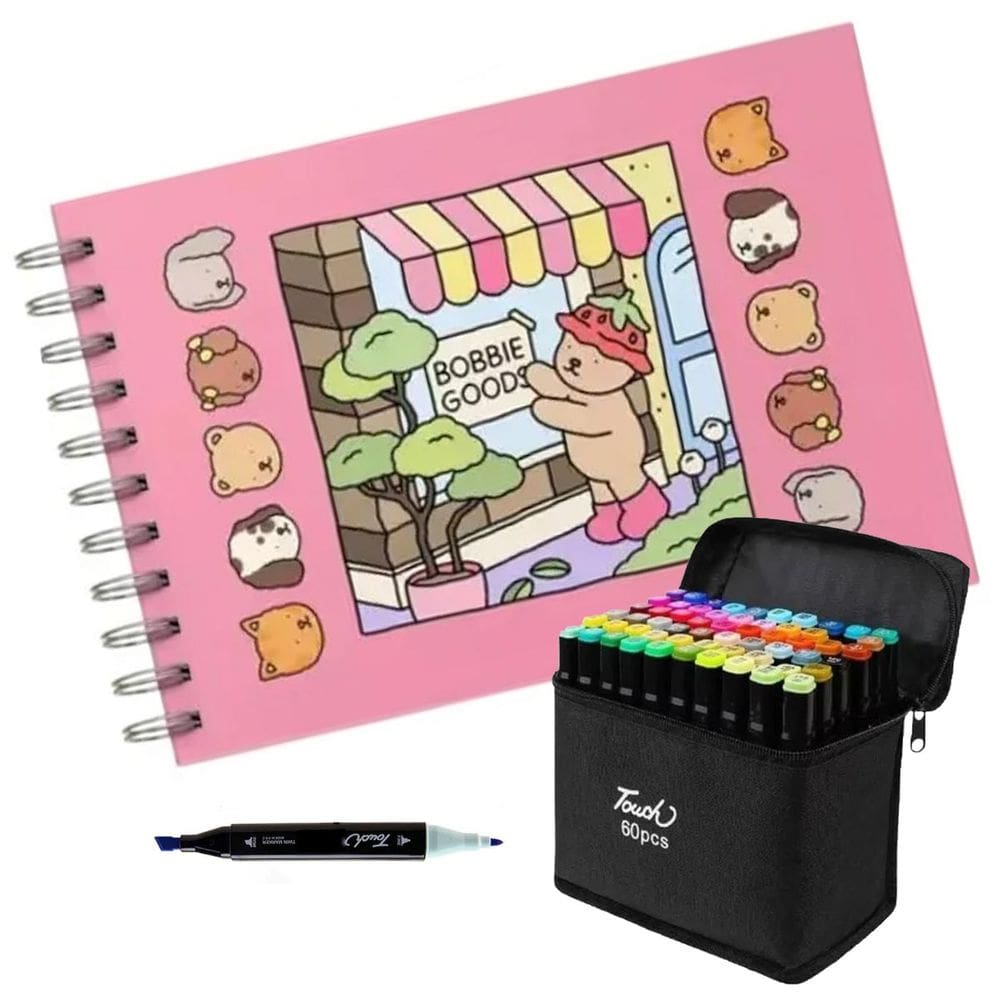 Livrinho de Pintar Canetinha 60 Cores Ponta Dupla Livro Colorir Caneta Estojo Bolsa Desenho Pintura Arte Lazer