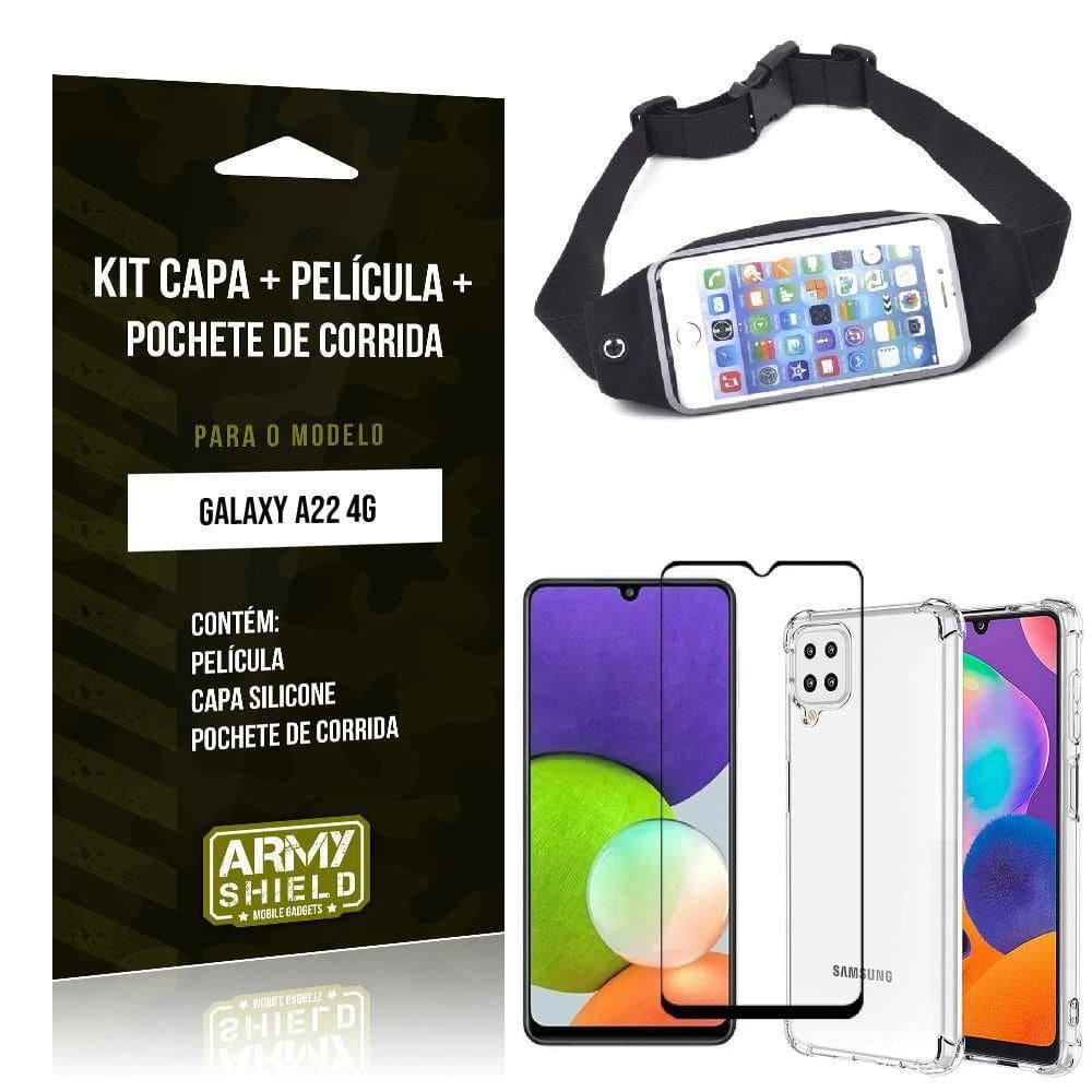 Kit Samsung A22 4G Pochete+Capa Anti Shock+Película Vidro 3D