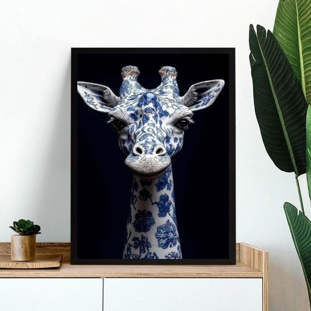 Quadro Decorativo Girafa Estampa Flores Azuis 24X18Cm