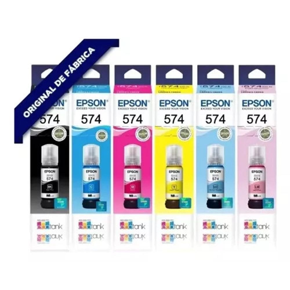 Kit 6 Cores Tinta Epson 574 T574 Para Impressoras EcoTank: L8050 L18050 Vencimento 12/2027
