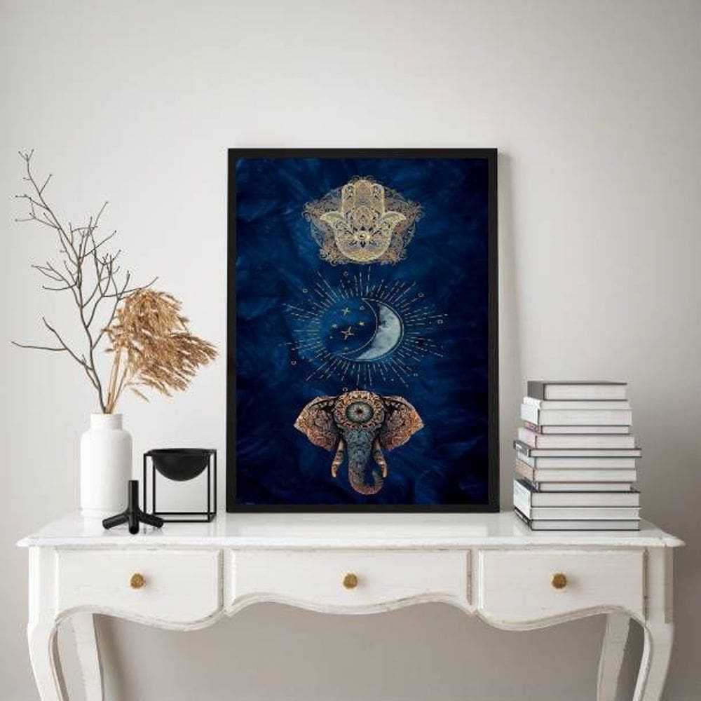 Quadro Mistico Hamsa Lua Elefante 33X24Cm