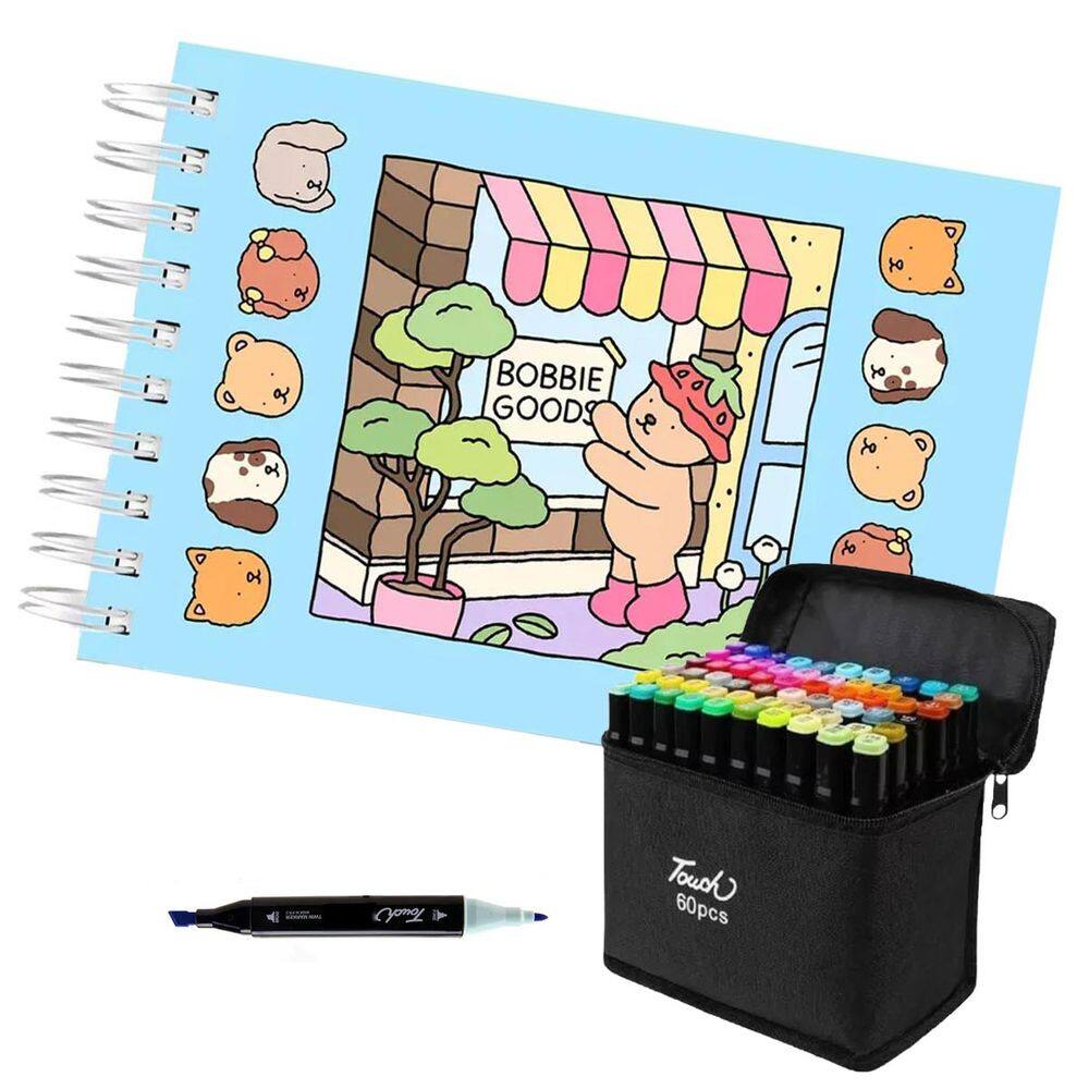 Livrinho de Pintar Colorir Canetinha 60 Cores Caneta Ponta Dupla Livro Estojo Bolsa Desenho Pintura Arte