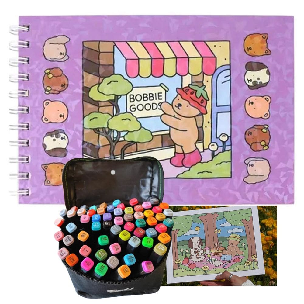 Livrinho de Colorir Canetinha 60 Cores Ponta Dupla Livro Pintura Arte Caneta Estojo Bolsa Desenho Diversao Lazer