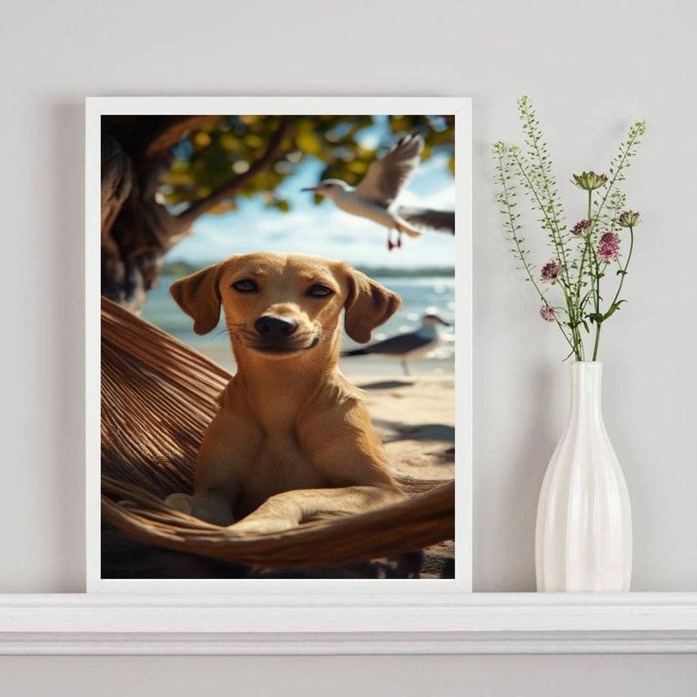 Quadro Decorativo Cachorro Caramelo Na Praia 33X24Cm - Vidro
