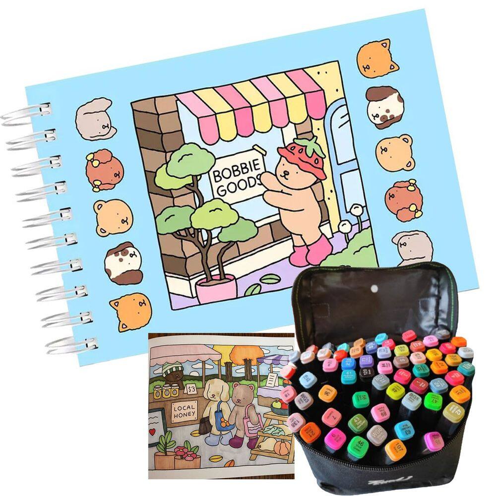 Livrinho de Colorir Livro Canetinha 60 Cores Ponta Dupla Pintura Arte Caneta Estojo Bolsa Desenho Lazer