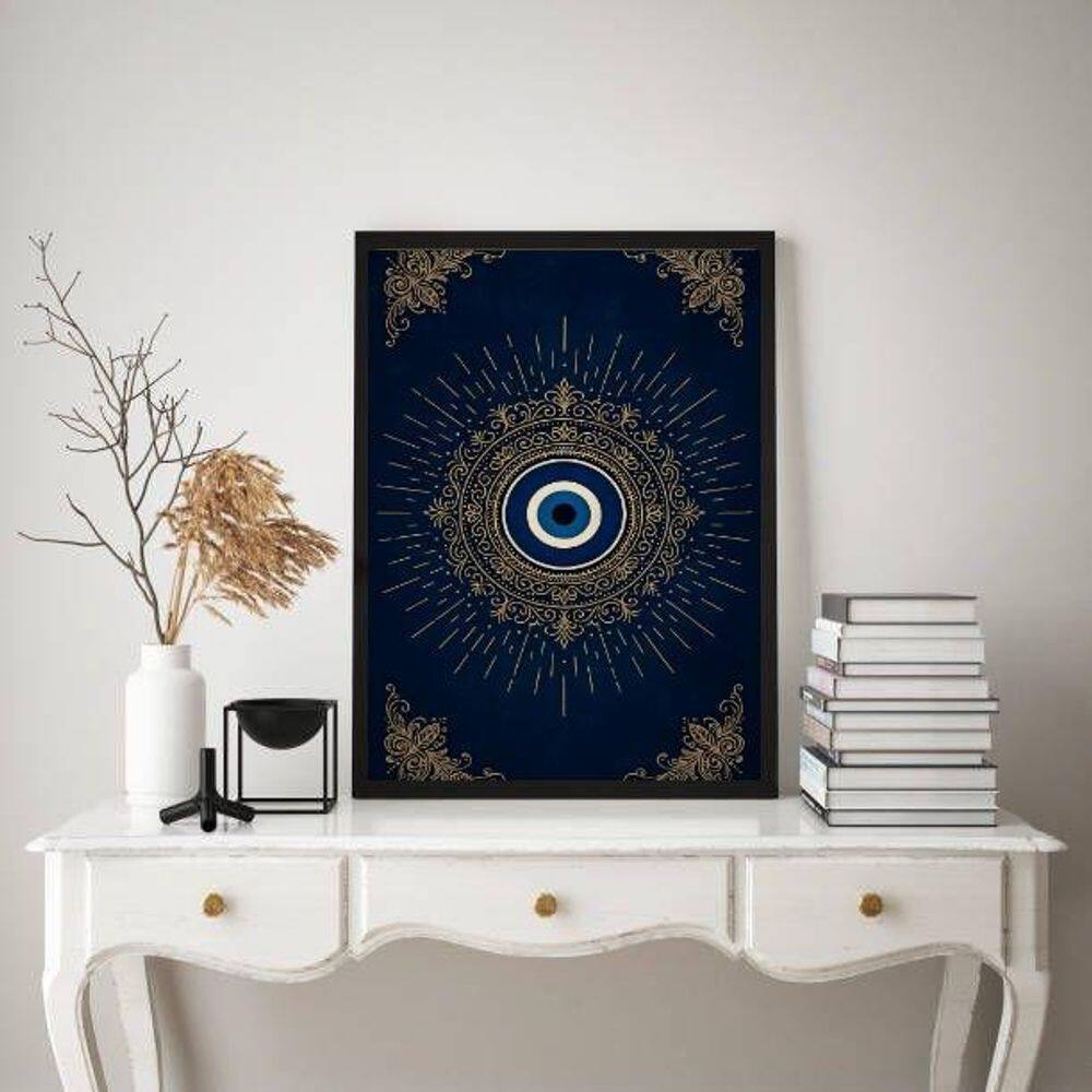 Quadro Mistico Mandala Olho Grego - Azul Dourado 33X24Cm
