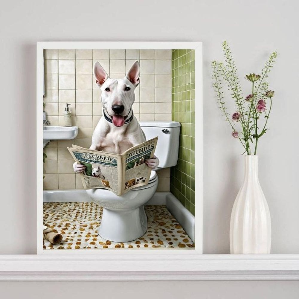 Quadro Divertido De Banheiro - Bull Terrier Jornal 33X24Cm