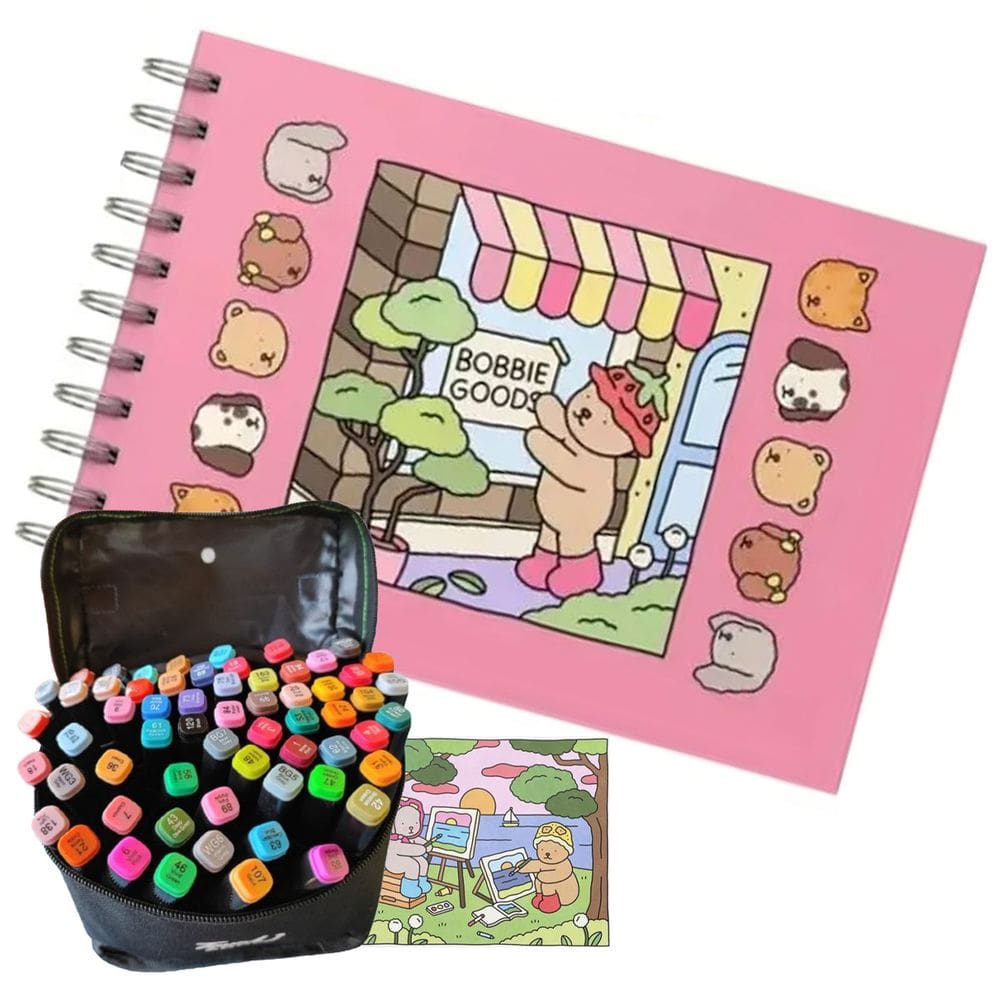 Livrinho de Colorir Canetinha 60 Cores Ponta Dupla Livro Pintura Arte Caneta Estojo Bolsa Desenho Diversao