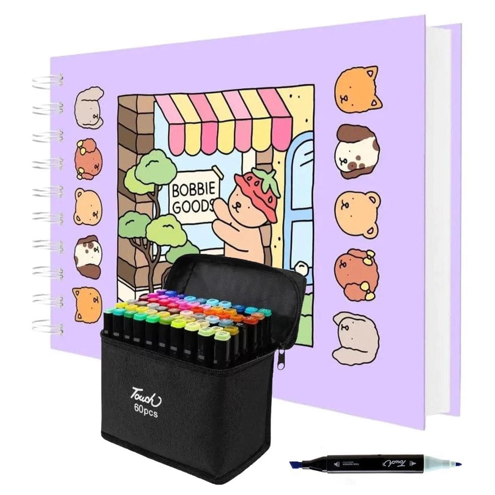 Livrinho de Colorir Pintar Canetinha 60 Cores Estojo Bolsa Caneta Livro Desenho Pintura Diversao Arte