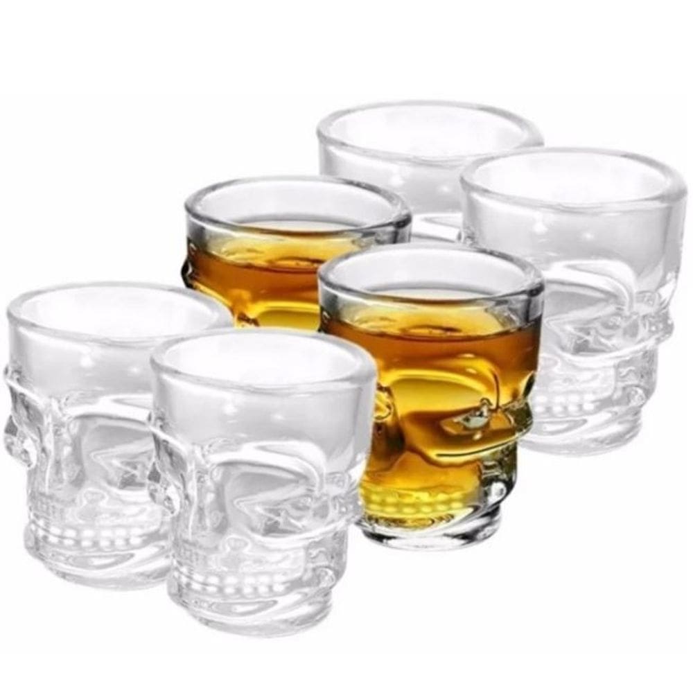 Jogo 6 Copos Vidro 265ml Caveira Shot Conjunto Rock Style