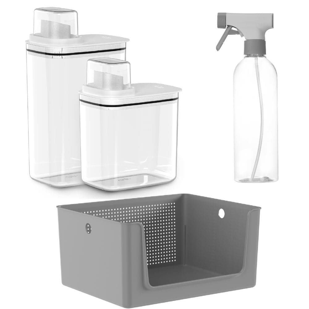Organizador Lavanderia Dispenser Sabão Borrifador Cesto Kit 4 peças OU