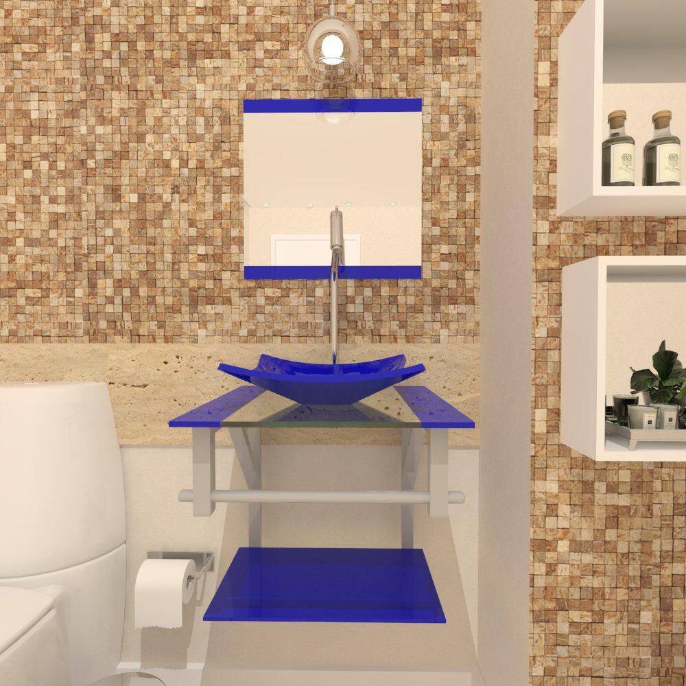 Gabinete Vidro 40Cm Ac Cuba Quadrada Azul Escuro + Torneira