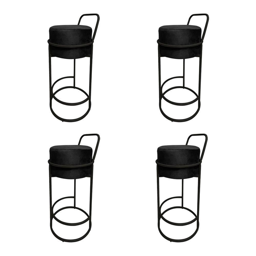 Kit 4 Banquetas Alta Redonda Base Preta Veludo Preto