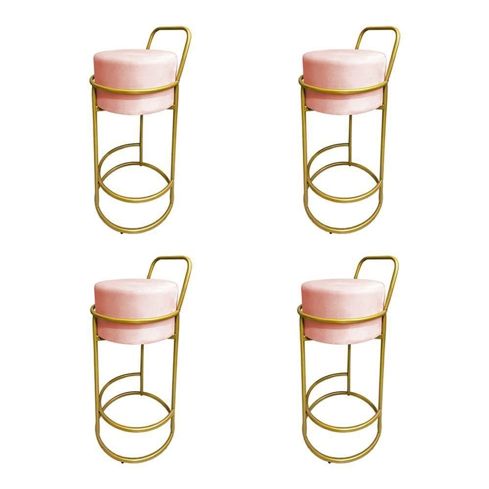 Kit 4 Banquetas Alta Redonda Base Dourada Veludo Rose