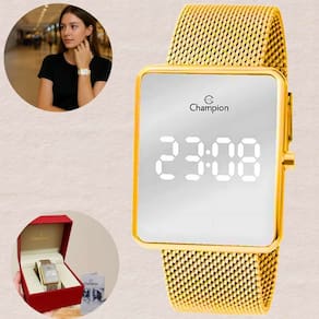 Relógio Champion Feminino Digital Espelhado Led Quartzo Modern Prova Dágua 3 ATM 30 Metros Pulseira de Aço Inóx Casual Dourado CH40080B
