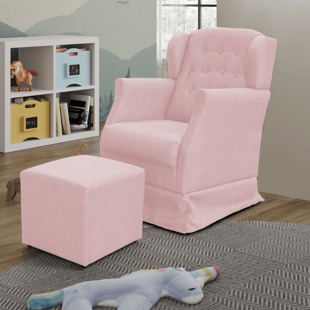 Poltrona Amamentação Balanço Descanso Manu Com Puff Veludo Rosa