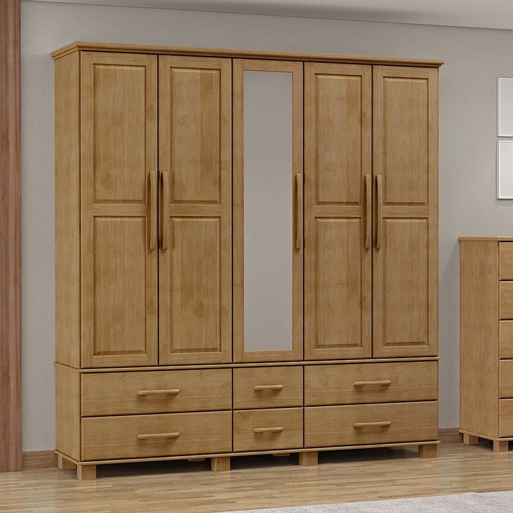 Guarda Roupa Bipartido 5 Portas e 6 Gavetas Linha Ouro Madeira Maciça 2253FN Freijó Finestra