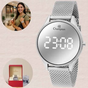 Relógio Champion CH40133S Feminino Digital Pulseira Mesh Aço Inóx Prova D`água 50 Metros 5ATM Casual Prata Espelhado