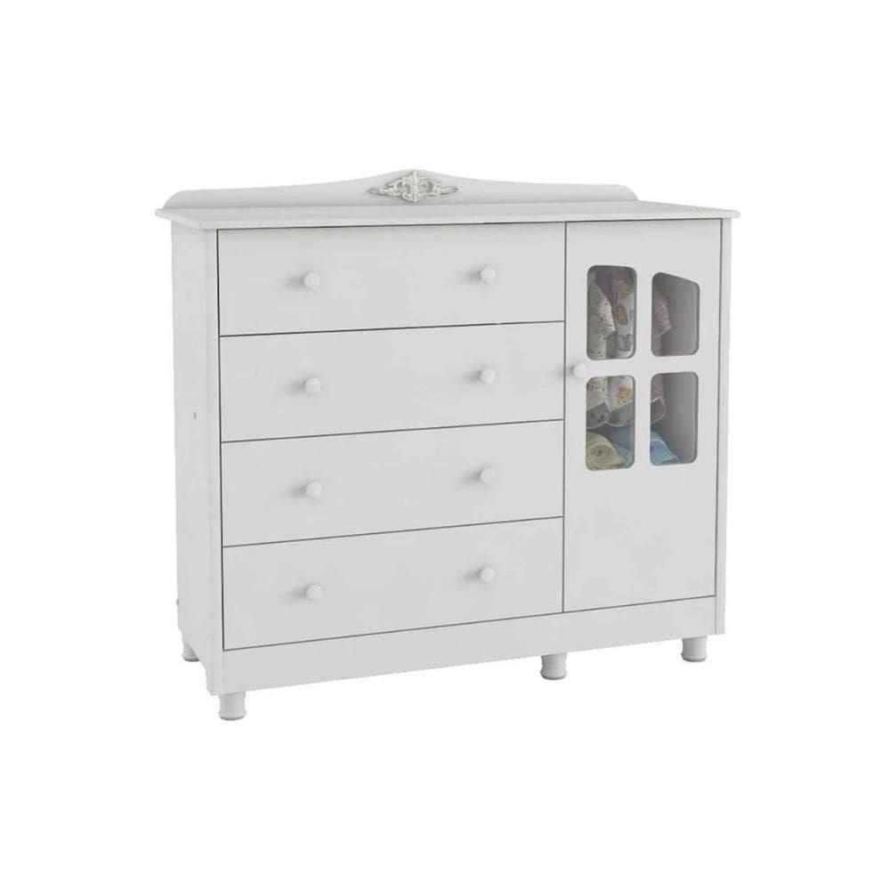 Cômoda Bebê Elô c/ 1 Porta Cristal e 4 Gavetas Branco - Peroba