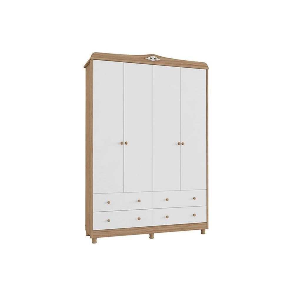 Guarda Roupa 4 Portas Elô c/ e 4 Gavetas Branco/Carvalho - Peroba