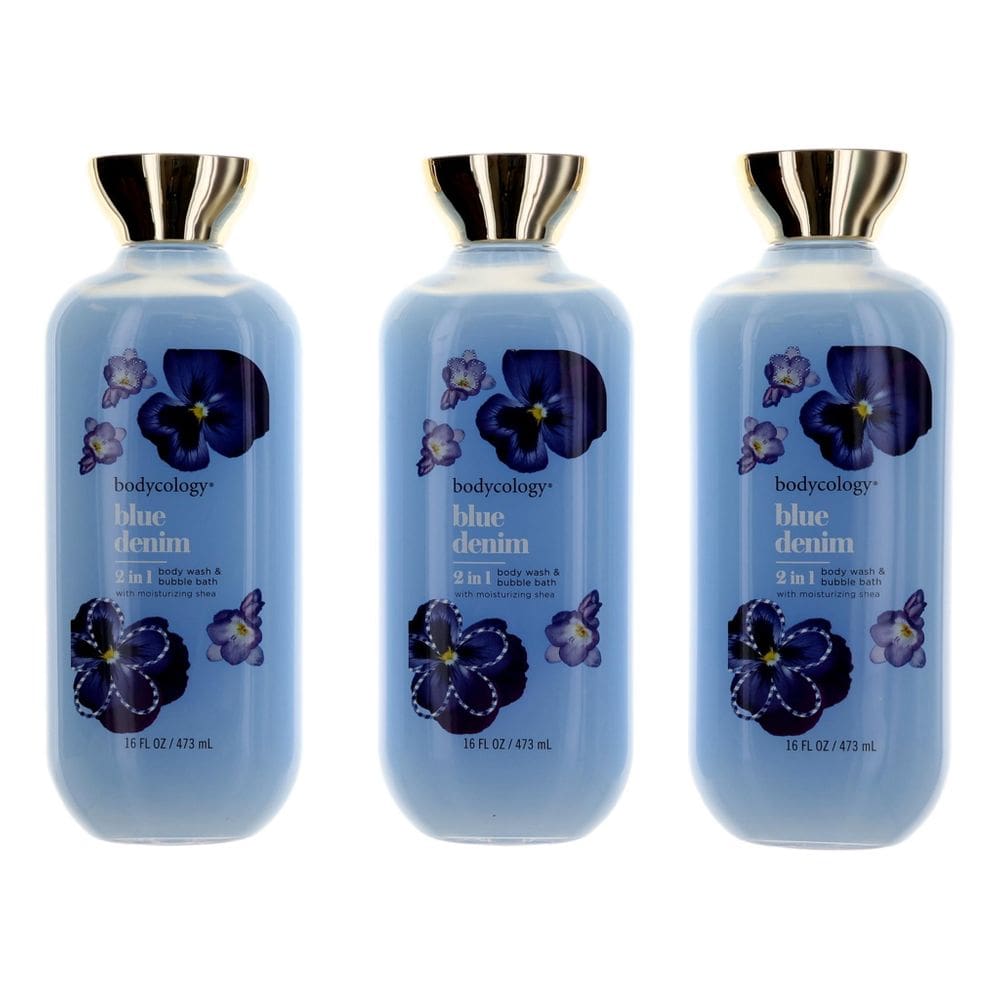 Sabonete líquido e banho de espuma Bodycology Blue Denim 480 ml, pacote com 3